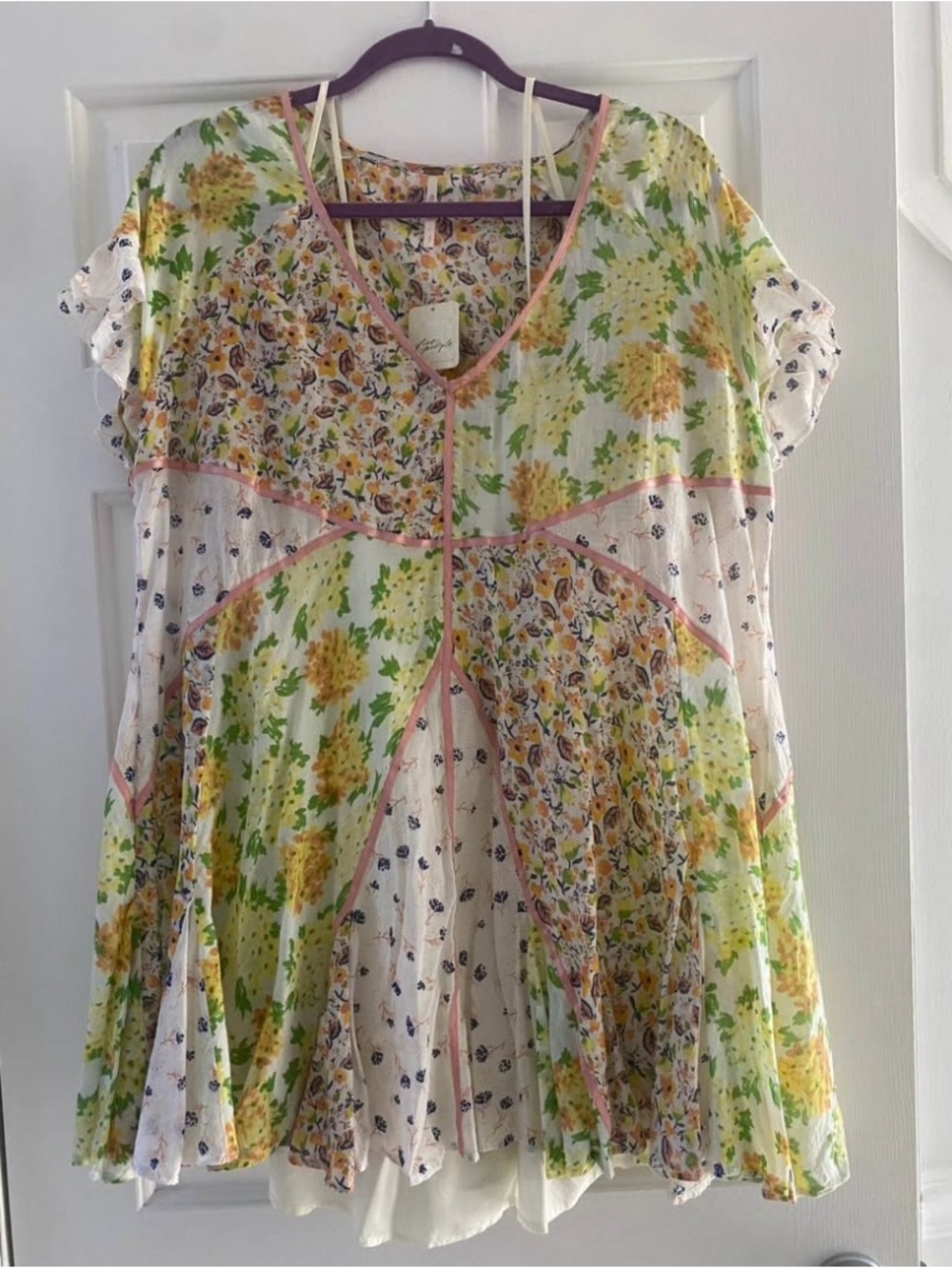 Free People Yellow, Green & Pink Floral Patchwork V-Neck Tunic
